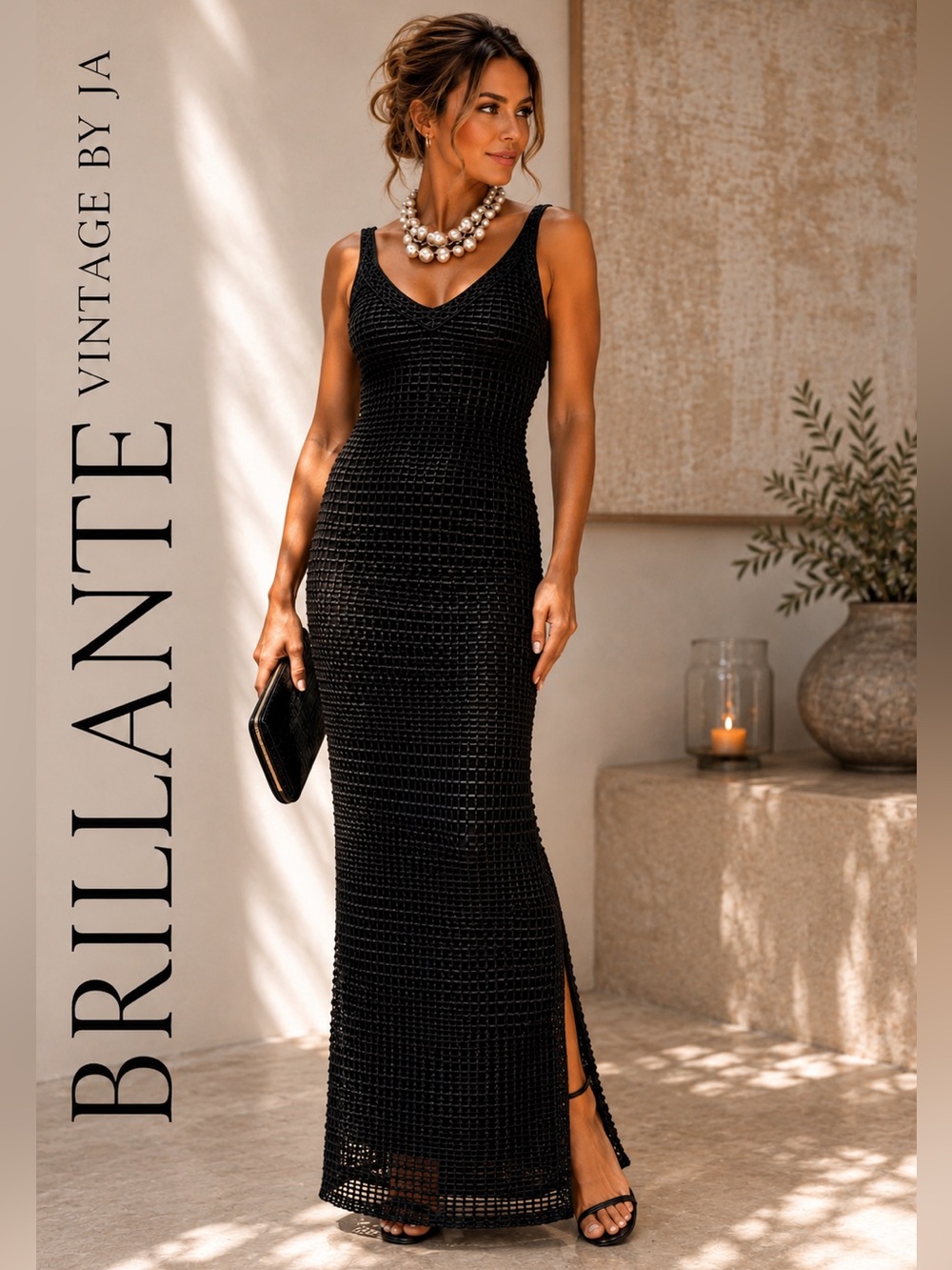 VTG Brilliante by JA Black Open Grid Knit Maxi Gown Side Slit Evening Dress M